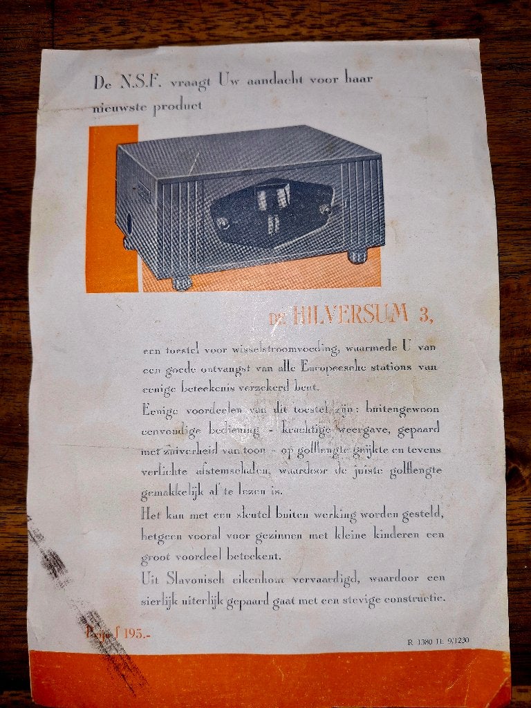 NSF . H3 Reclame folder, Antiek en Kunst, Antiek | Tv's en Audio, Verzenden