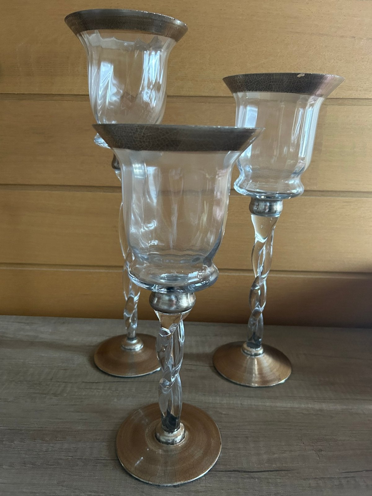 Windlichten op gedraaide Voet, van glas, Windlicht, Ophalen of Verzenden, 40 cm, Zilver