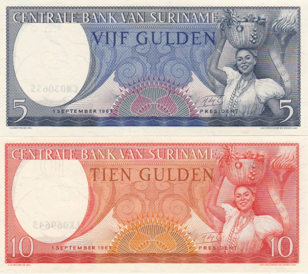 Suriname - set 5 en 10 gulden 1 SEPT 1963 UNC -P120b,121b, Verzenden, 10 gulden, Setje
