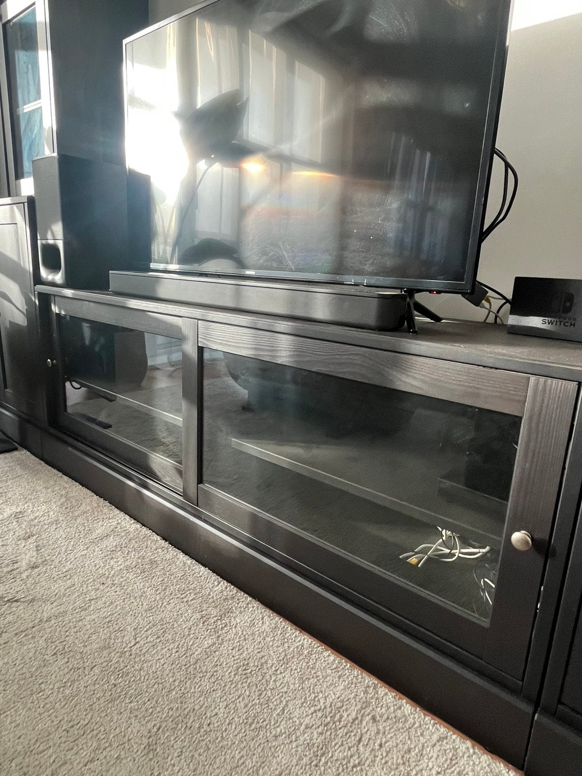 IKEA HAVSTA TV Bench with Glass Sliding Doors – Black/Brown, Ophalen, Zo goed als nieuw, 25 tot 50 cm, Minder dan 100 cm