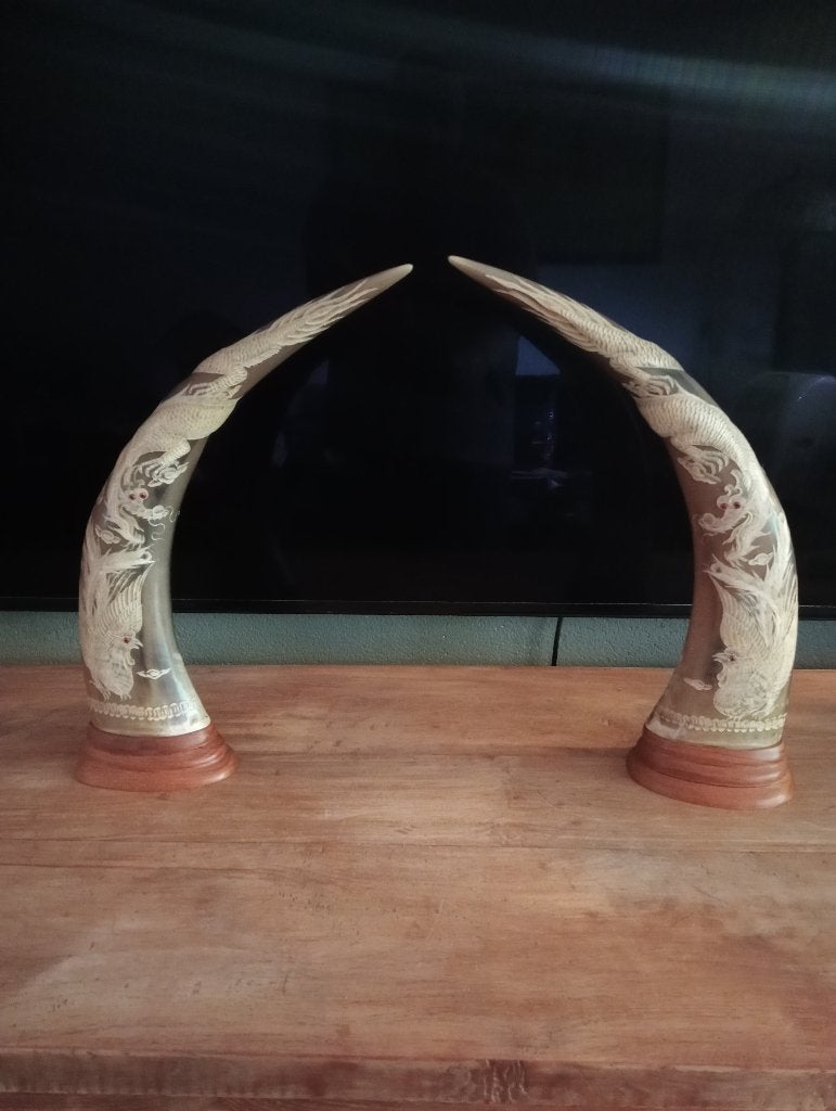 Grote Aziatische set 53 cm bewerkte hoorn Vuurvogel en Draak, Antiek en Kunst, Kunst | Beelden en Houtsnijwerken, Ophalen