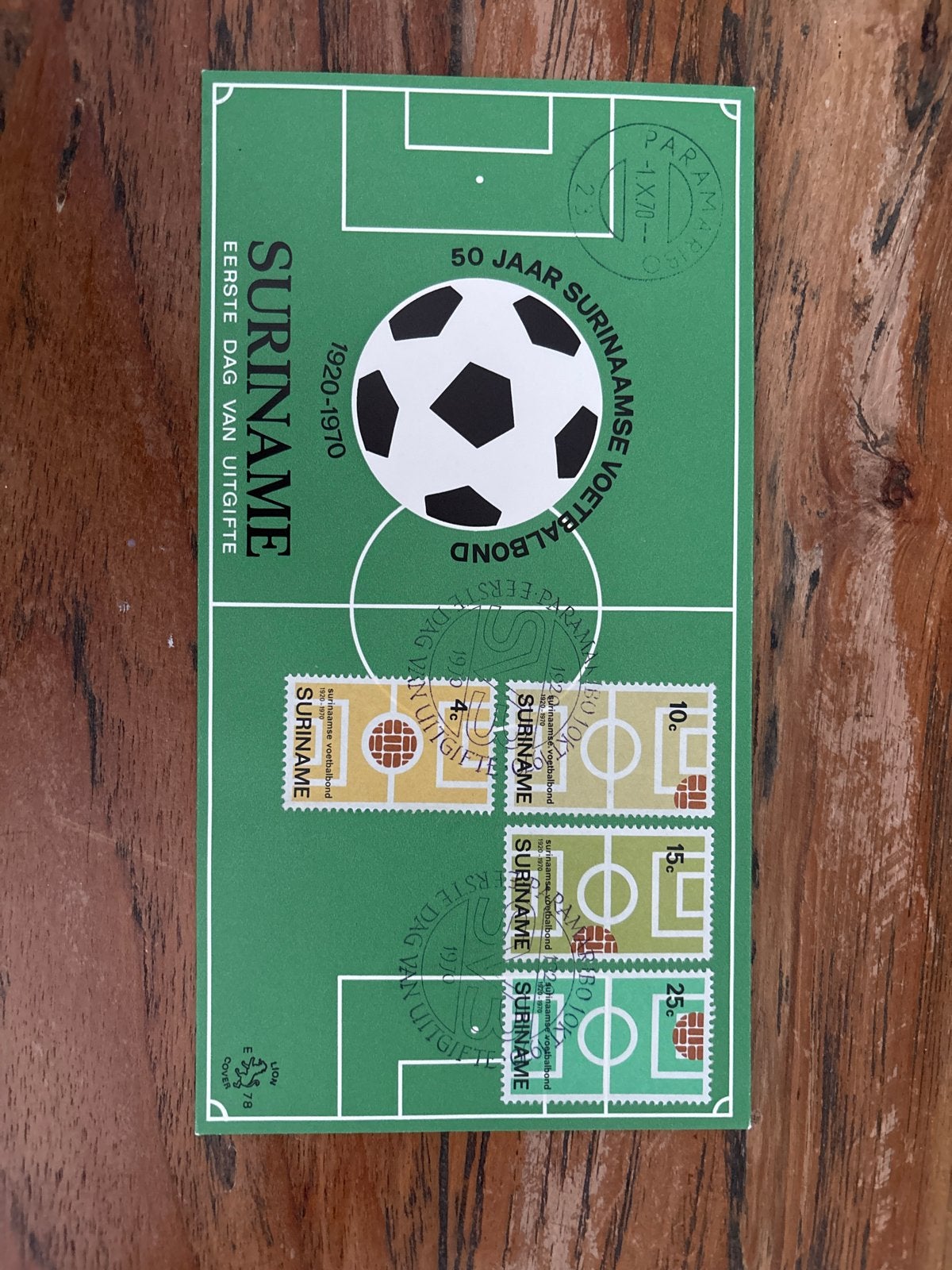 Suriname Eerste Dag van Uitgifte 50 Jaar Voetbalbond, Ophalen of Verzenden, Gestempeld