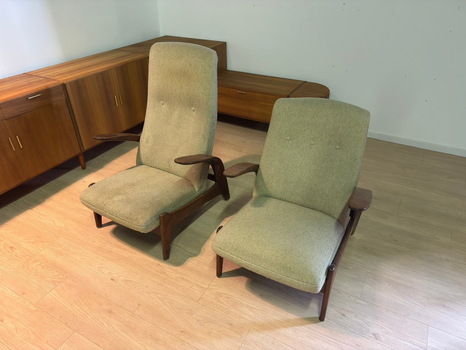 Vintage Gimson Slater fauteuils + hocker, Ophalen, Zo goed als nieuw, 75 tot 100 cm, 50 tot 75 cm