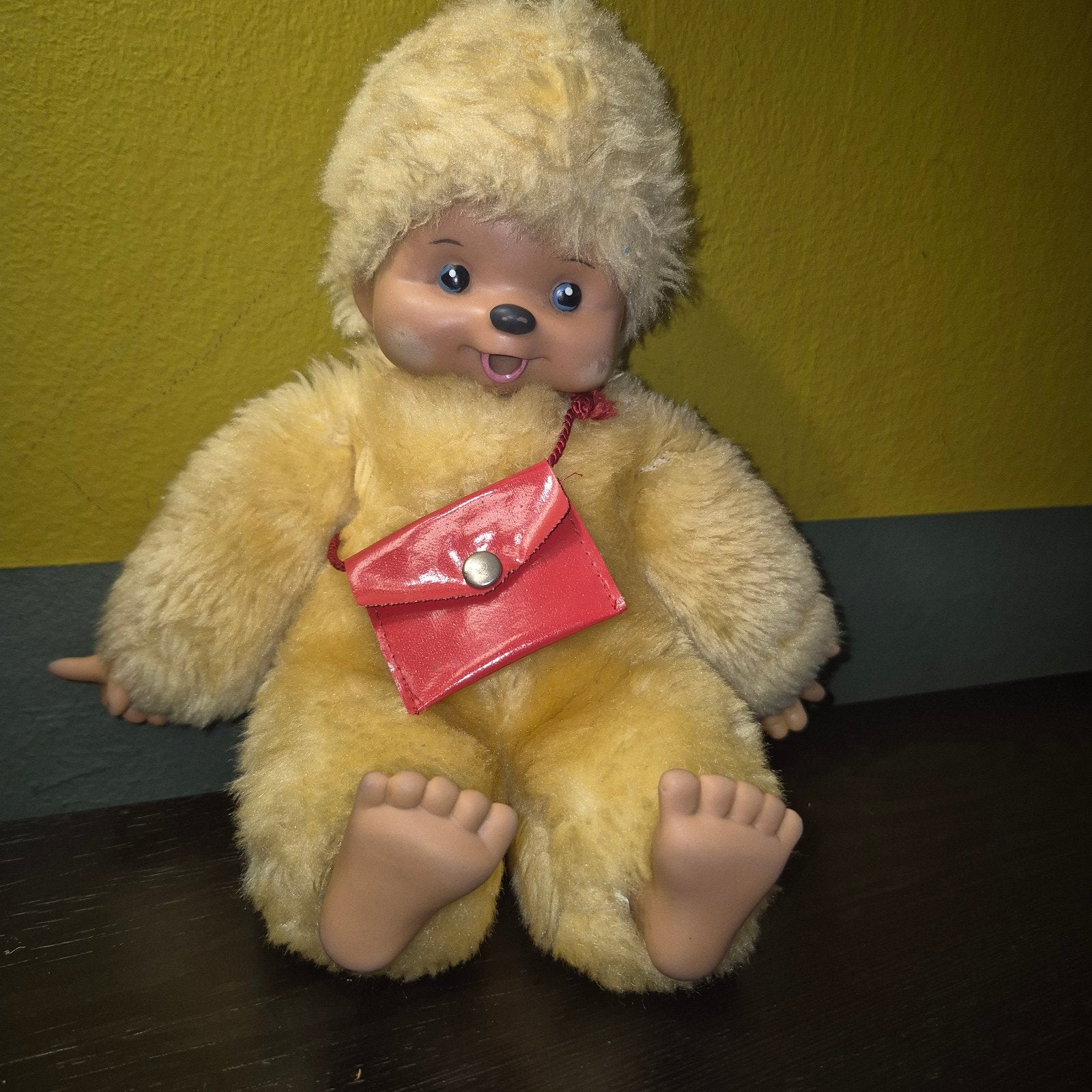 Vintage Monchhichi pop met rood tasje, Gebruikt, Overige merken, Overige karakters, Overige typen