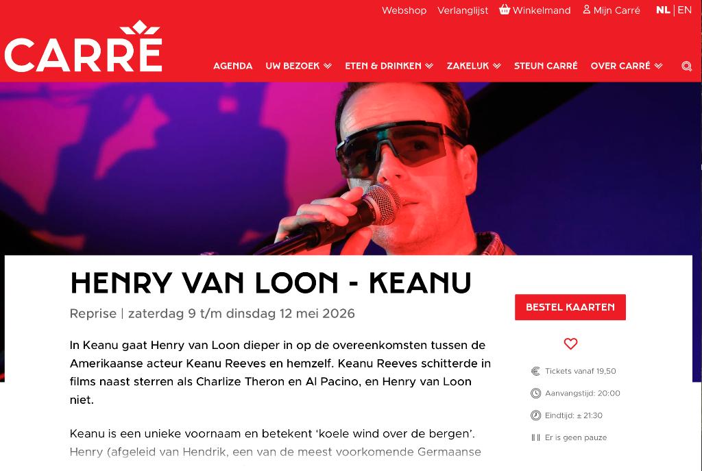Henry van Loon Keanu zaterdag 9 mei 2026 in Carré Amsterdam, Eén persoon, Mei