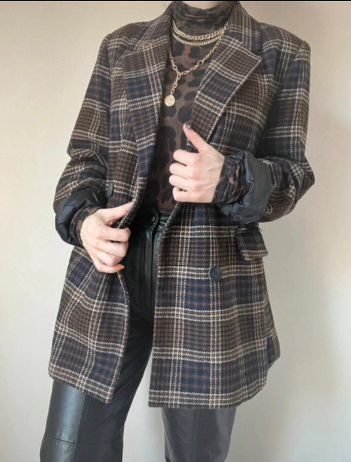 Geruit vintage jasje/colbert, M. Houndstooth blazer unisex, Maat 38/40 (M), Bruin, Verzenden, Vintage
