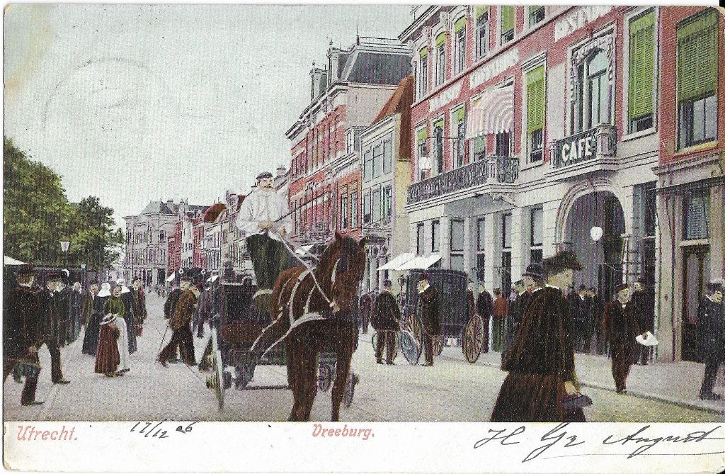 Utrecht, Vreeburg, rijtuig, veel volk, koetsier, cafe, Verzenden, Voor 1920, Gelopen, Utrecht
