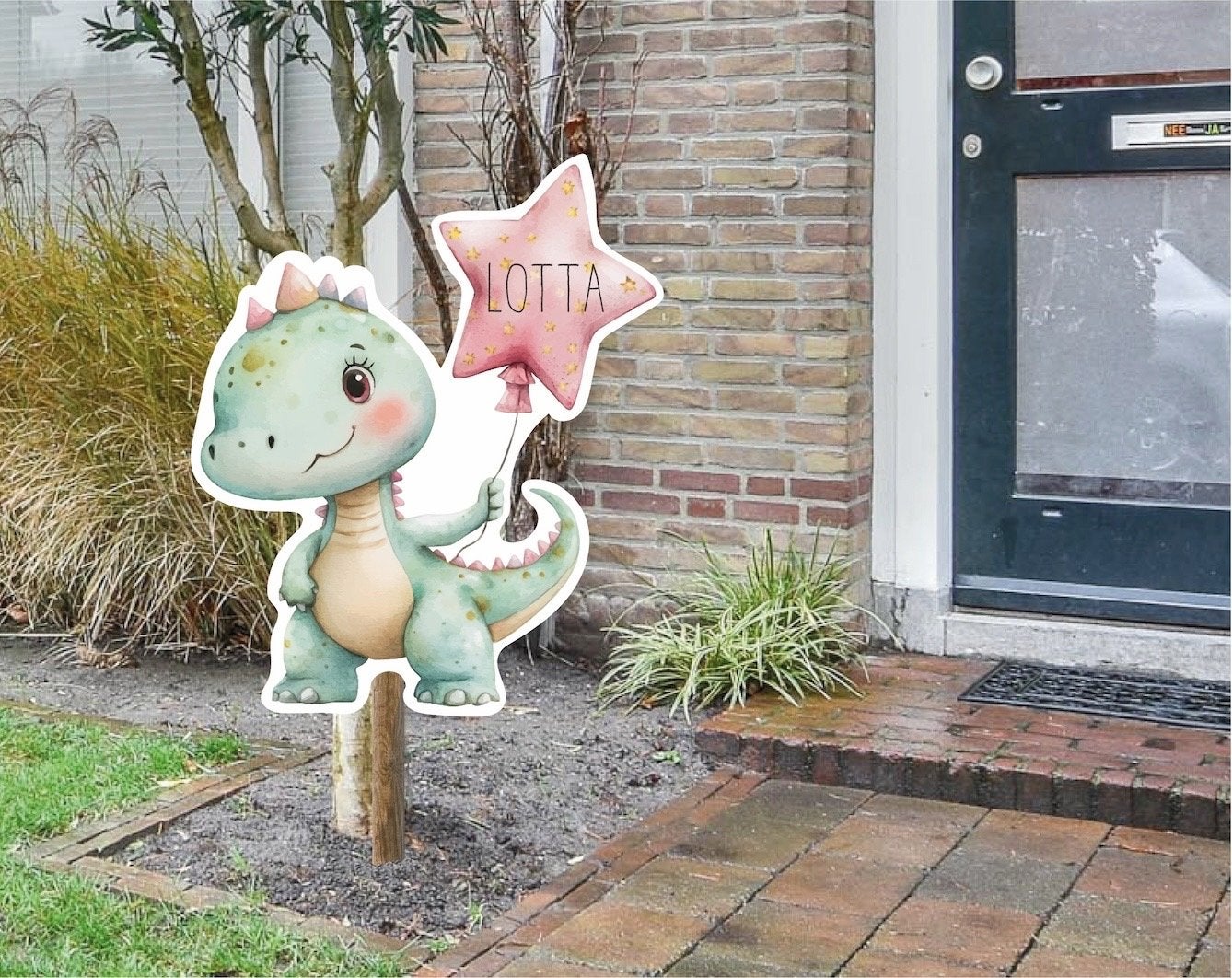 Geboorte aankondiging met vrolijke dino's - Raambord, sticke, Ophalen of Verzenden, Nieuw, Geboortebord