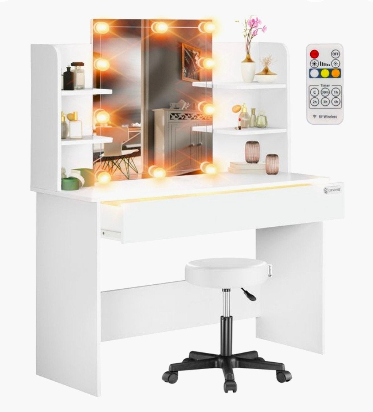 Moderne Kaptafel Lucia met LED-verlichting en Krukje, Ophalen, 50 tot 100 cm, Minder dan 100 cm