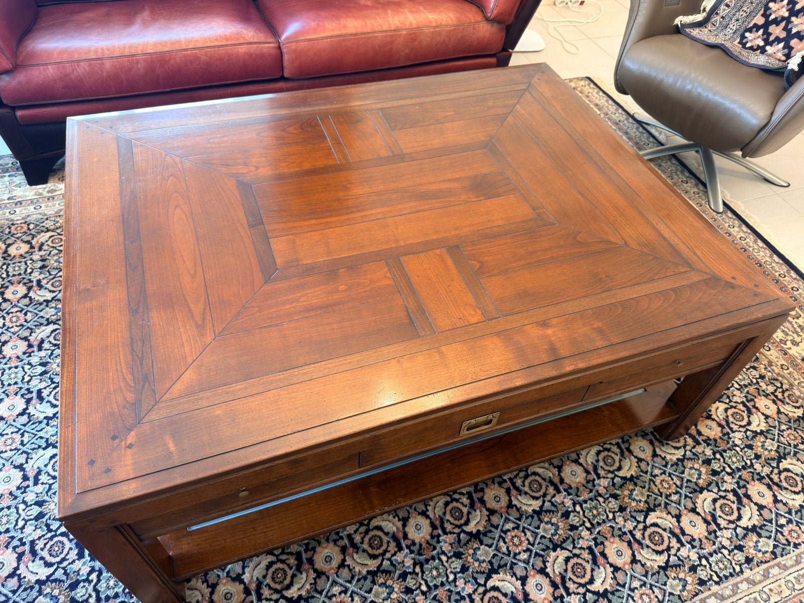 Kersenhout salontafel ingelegd patroon, Ophalen, 100 tot 150 cm, 50 tot 100 cm, Zo goed als nieuw