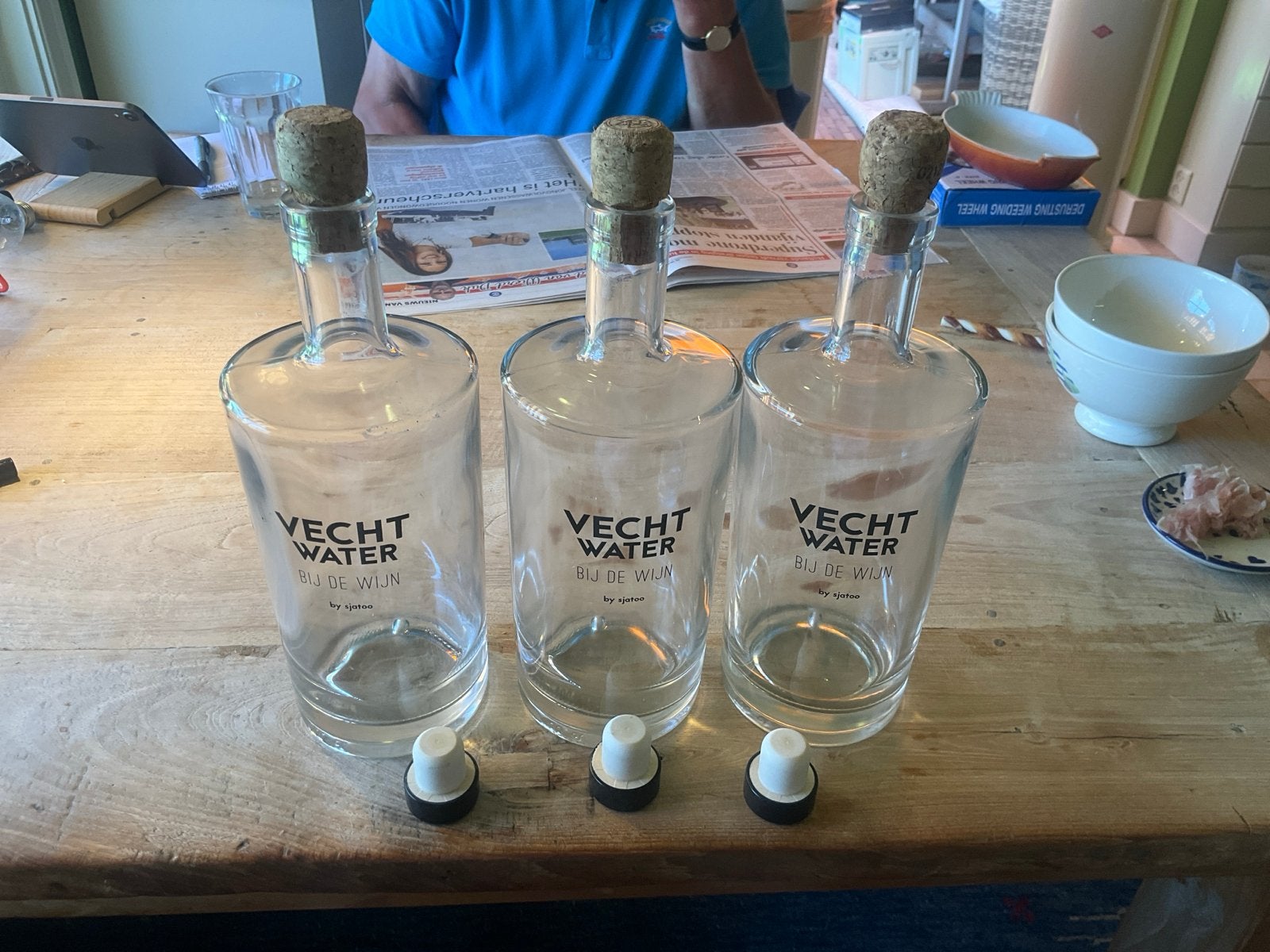 Set van 3 Vecht Water flessen met kurk, Huis en Inrichting, Woonaccessoires | Vazen, Ophalen of Verzenden, Zo goed als nieuw, Transparant