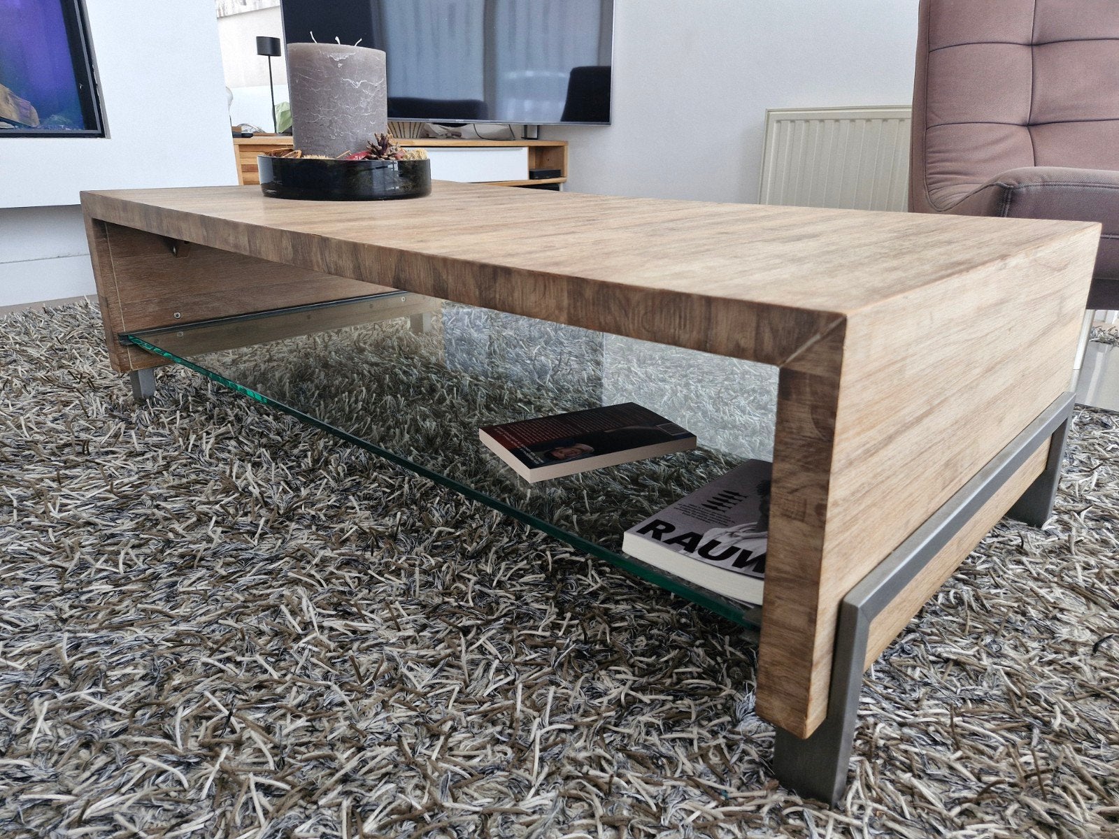 Teakhouten salontafel met RVS poten en glasplaat, Huis en Inrichting, Tafels | Salontafels, Ophalen of Verzenden