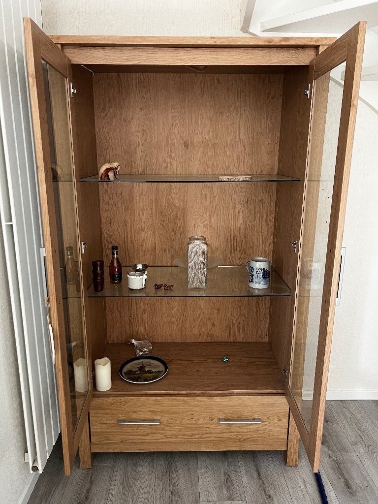 Eiken houten vitrinekast, Ophalen, Gebruikt, Met lade(s), 150 tot 200 cm