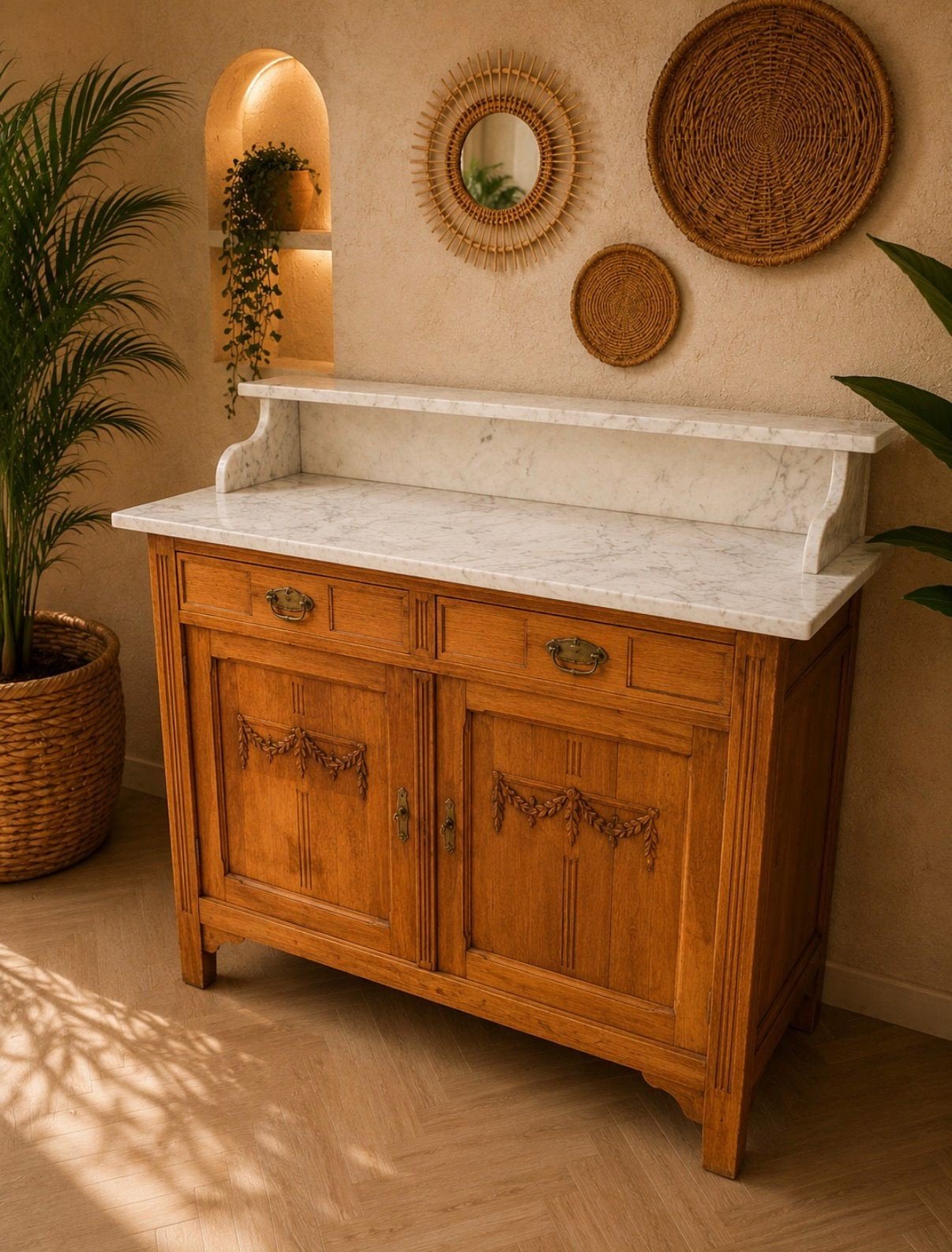 Vintage dressoir met marmeren blad, Huis en Inrichting, Ophalen, Gebruikt, Vintage, 25 tot 50 cm