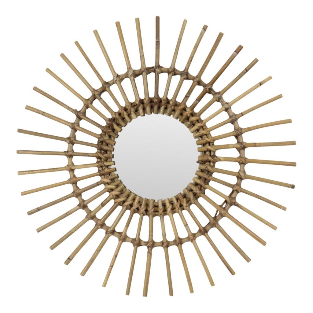 Mid Century Rotan en Bamboe Sunburst Spiegel Frankrijk 58cm, Ophalen of Verzenden, Rond, 50 tot 100 cm, Minder dan 100 cm