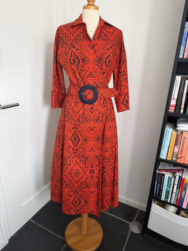 NATAN jurk B38 - NL36 – Oranjerood/zwart met ceintuur, Kleding | Dames, Maat 38/40 (M), Verzenden, Oranje, Zo goed als nieuw