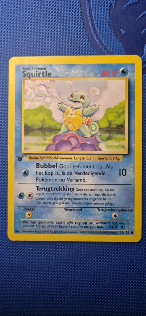 Squirtle 63/102 1e editie Base Set NL Pokémon Vintage, Ophalen of Verzenden, Gebruikt, Losse kaart