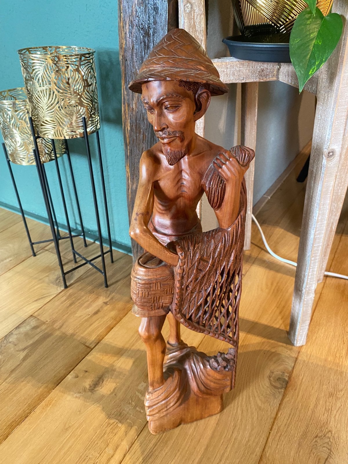 Houten Beeld Visser Panakus Bali Handgesneden, Ophalen, Handgemaakt, 20 - 50 cm, Beeld