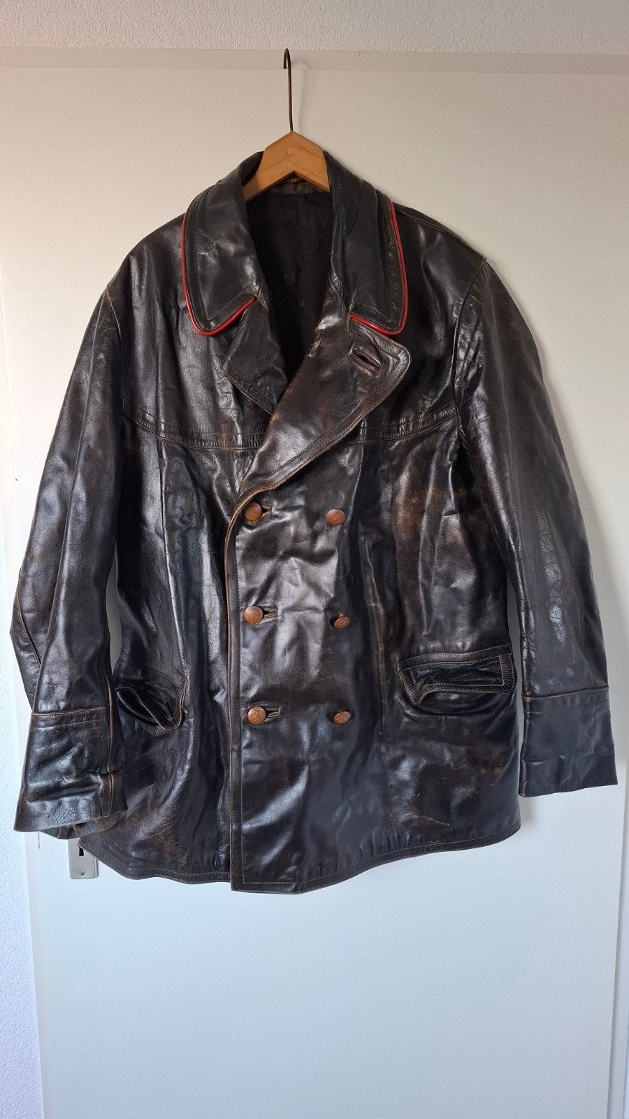 Vintage Leren PTT jas- Trio Lederen Kleding, Zwart, Overige maten, Ophalen of Verzenden, Gedragen