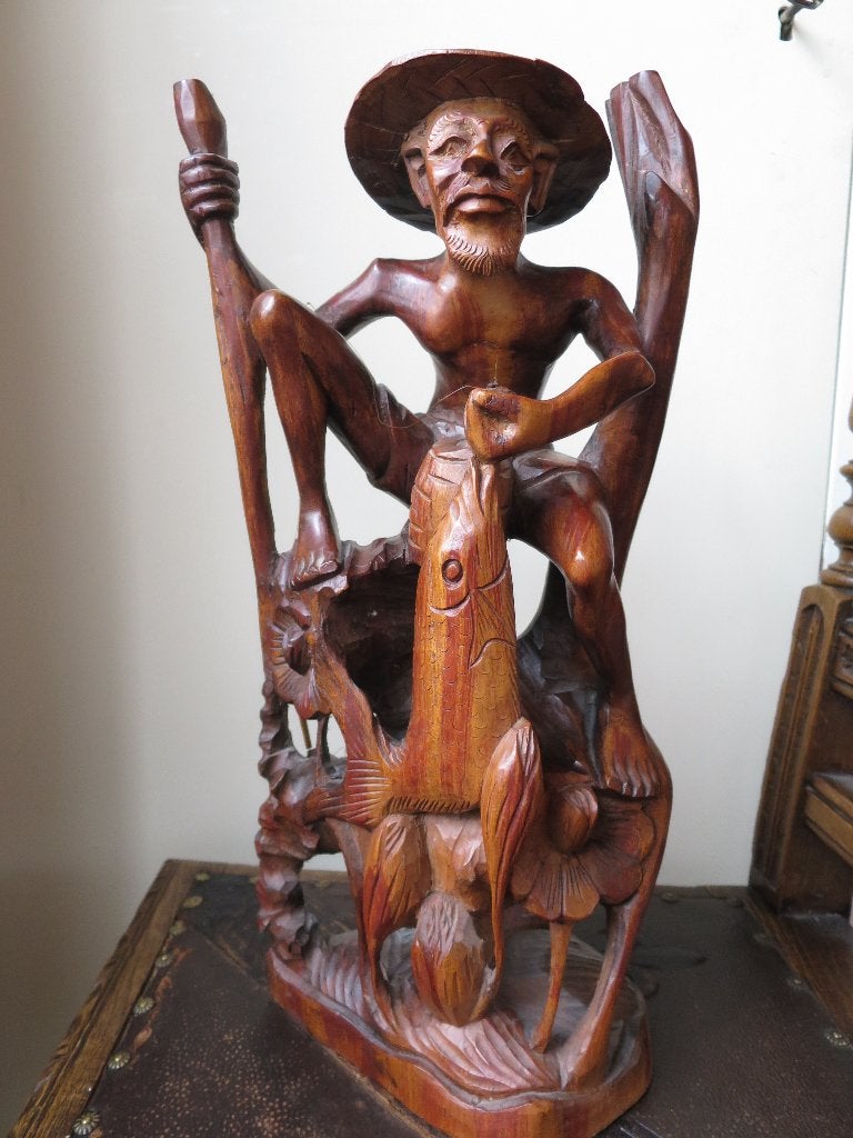 PRACHTIG UIT HOUT GESNEDEN VISSERMAN BEELD 42 CM, Ophalen of Verzenden