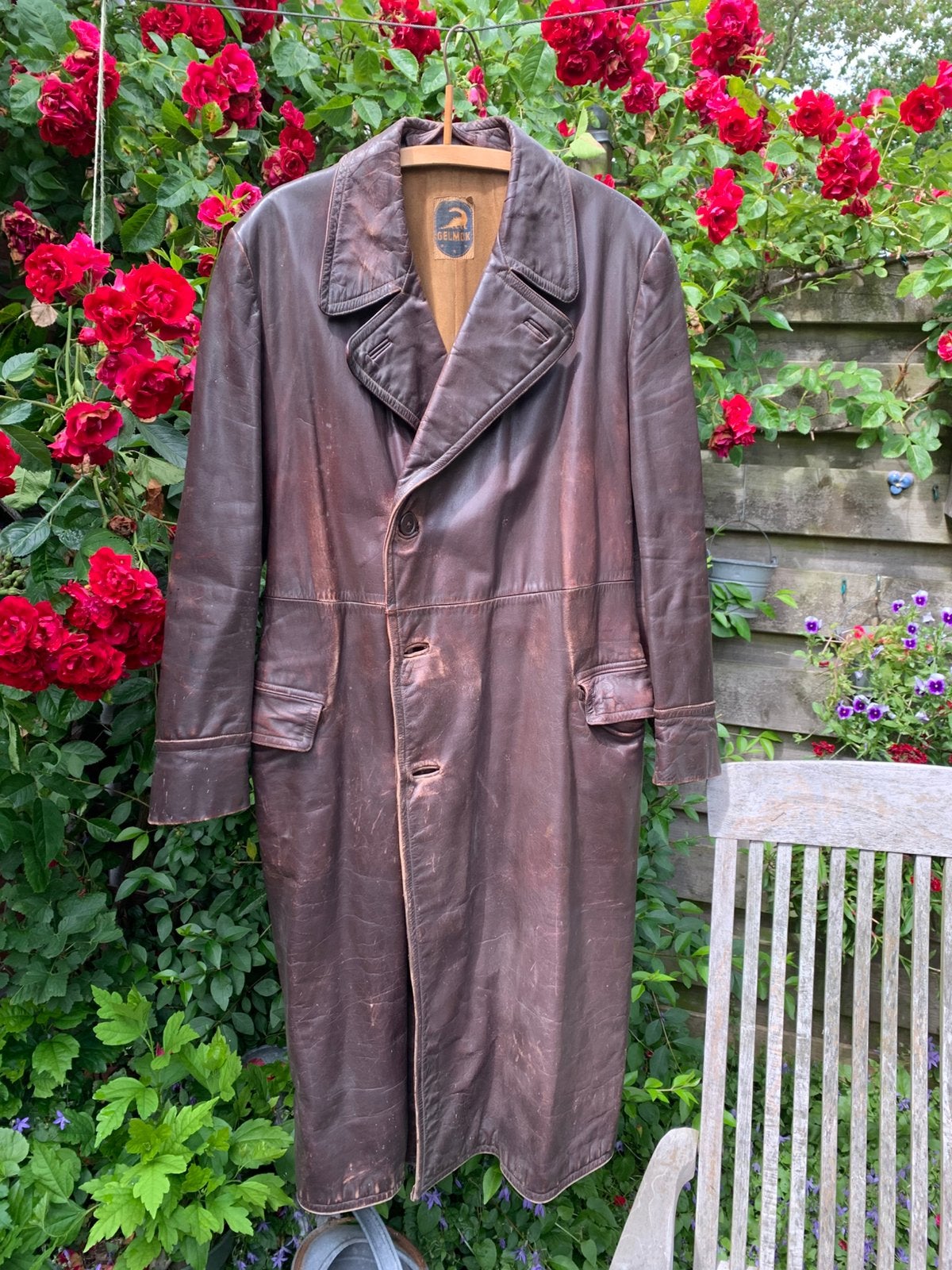 Lange bruine leren motorjas, vintage, Motoren, Ophalen of Verzenden, Tweedehands, Jas | leer