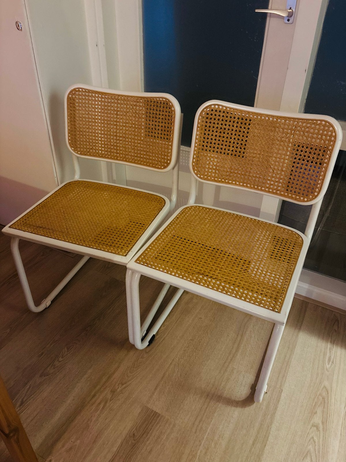 4x vintage rotan buisframe stoelen met webbing Thonet Stijl, Huis en Inrichting, Ophalen, Gebruikt, Wit, Vier