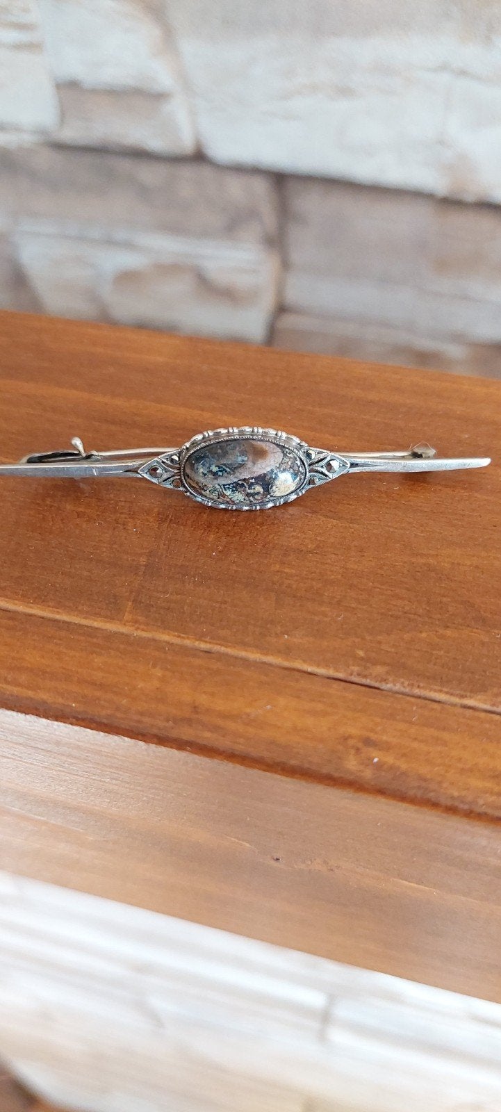 Vintage Zilveren speld met mosagaat en markesietjes, Sieraden, Tassen en Uiterlijk, Verzenden, Zilver, Broche, Met edelsteen