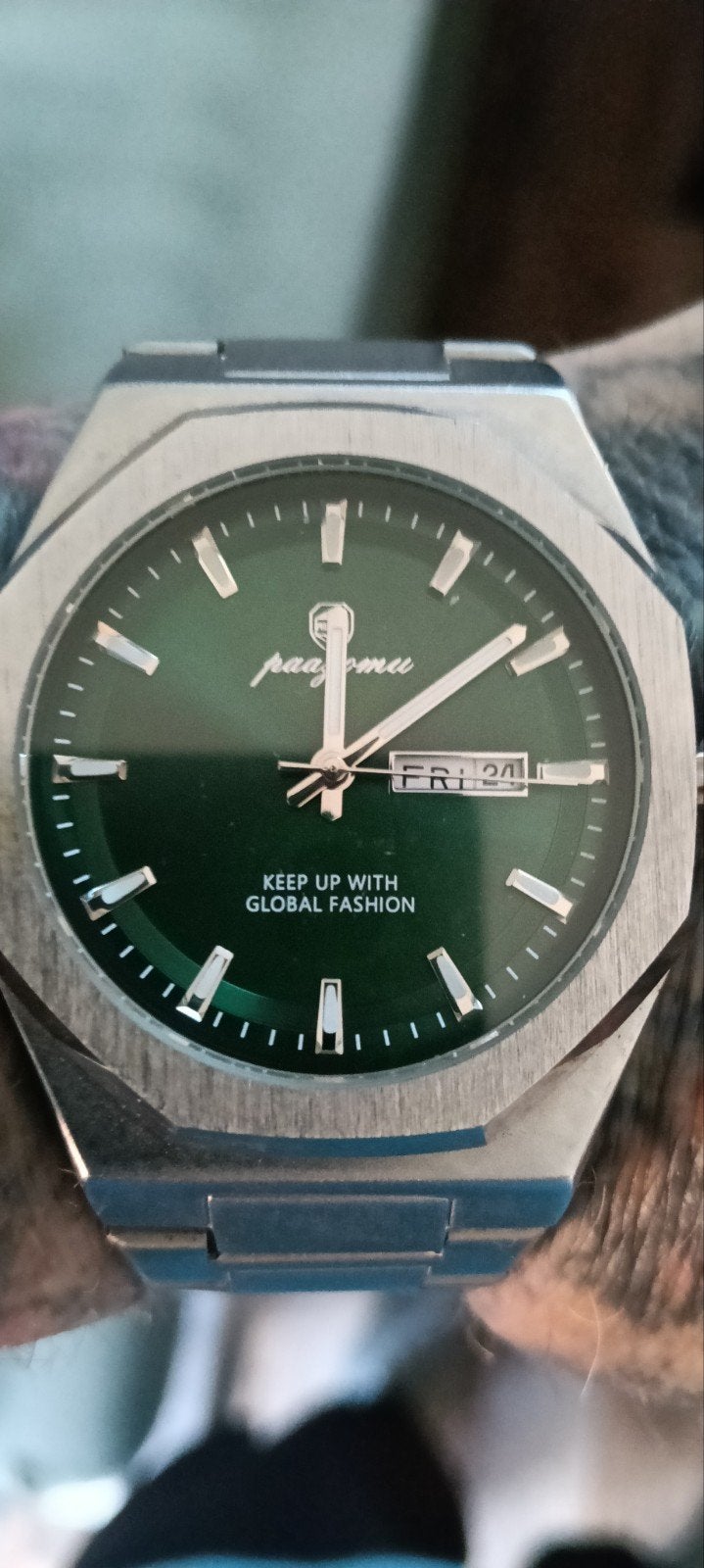 Paazomu Horloge Groen/Zilver met Doos en Certificaat, Staal, Staal, Polshorloge, Zo goed als nieuw