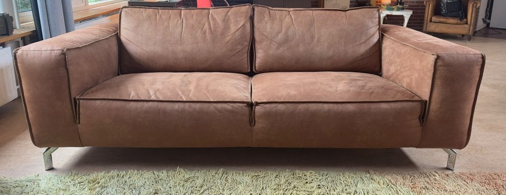 Stoere 4-zits design bank Jules van Easy Sofa (Cognac leer), Gebruikt, Ophalen of Verzenden, Rechte bank, Industrieel / Modern
