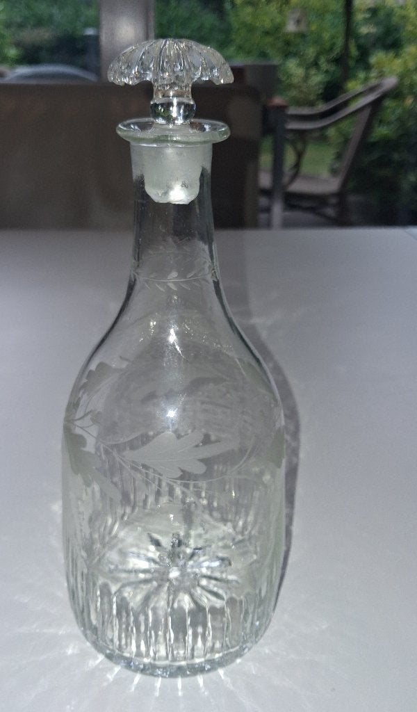 Antieke mond geblazen fles / karaf met gravering, Ophalen of Verzenden