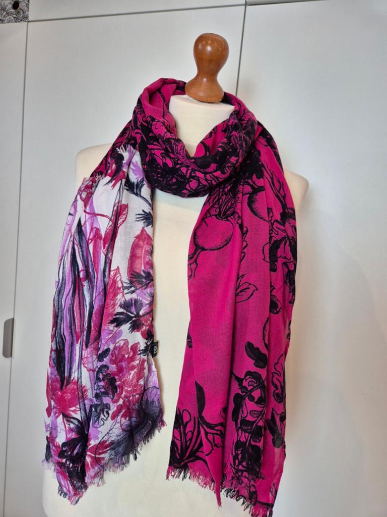 DIDI Grote Sjaal Fuchsia Zwart Wit Radijs Bloemenprint Nieuw, DIDI, Verzenden, Nieuw, Sjaal