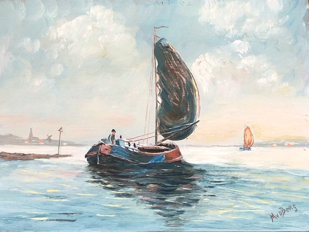 M.v.d.Berg Schilderij 'Schip op rivier', Antiek en Kunst, Ophalen of Verzenden