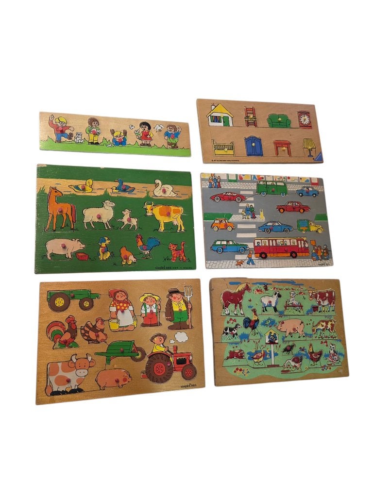 2265 Set vintage houten puzzels boerderij en stad swiet, Ophalen of Verzenden, 10 tot 50 stukjes, Gebruikt