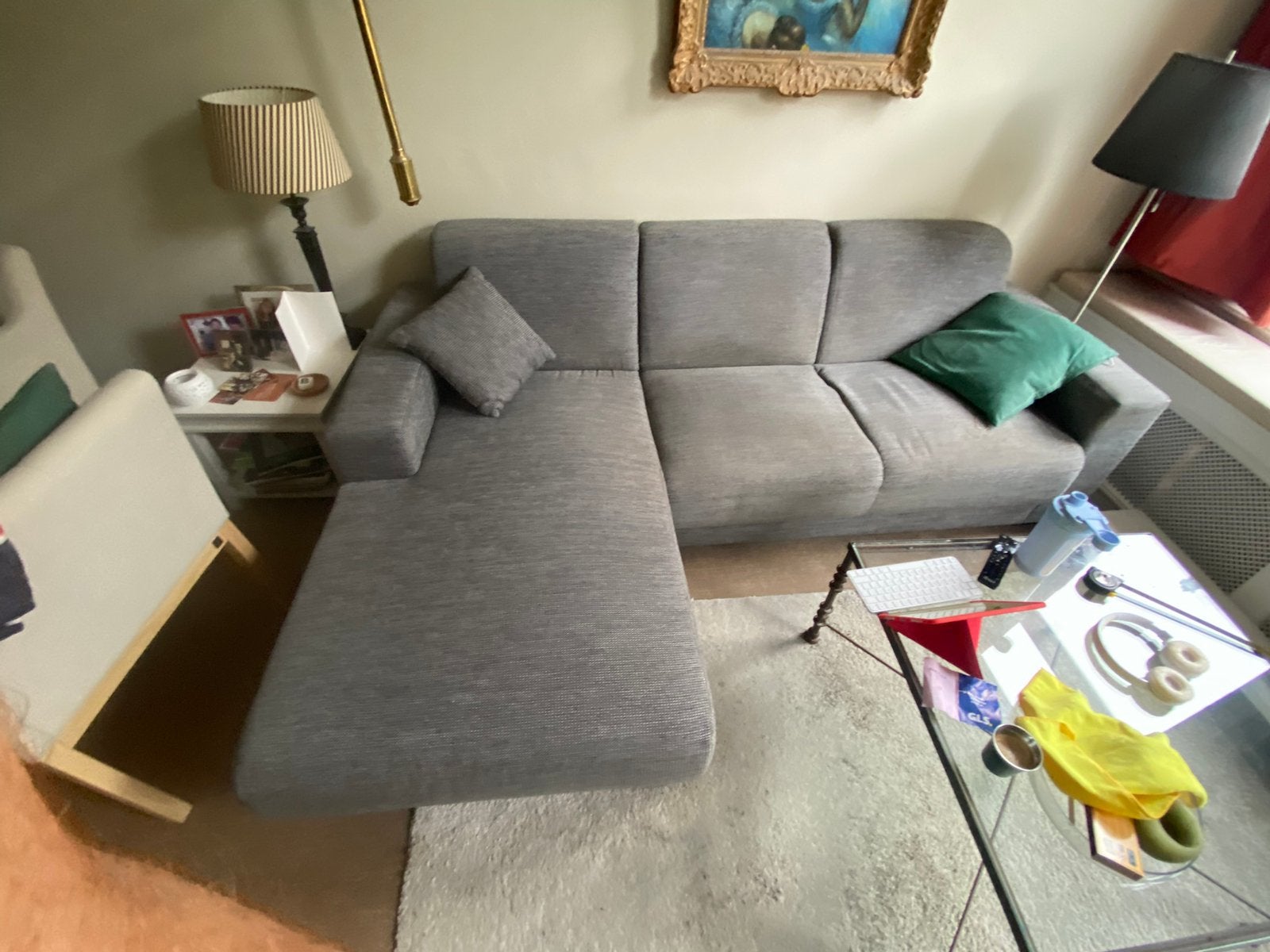 Grijze bank met chasse longue, Ophalen, Gebruikt, Hout