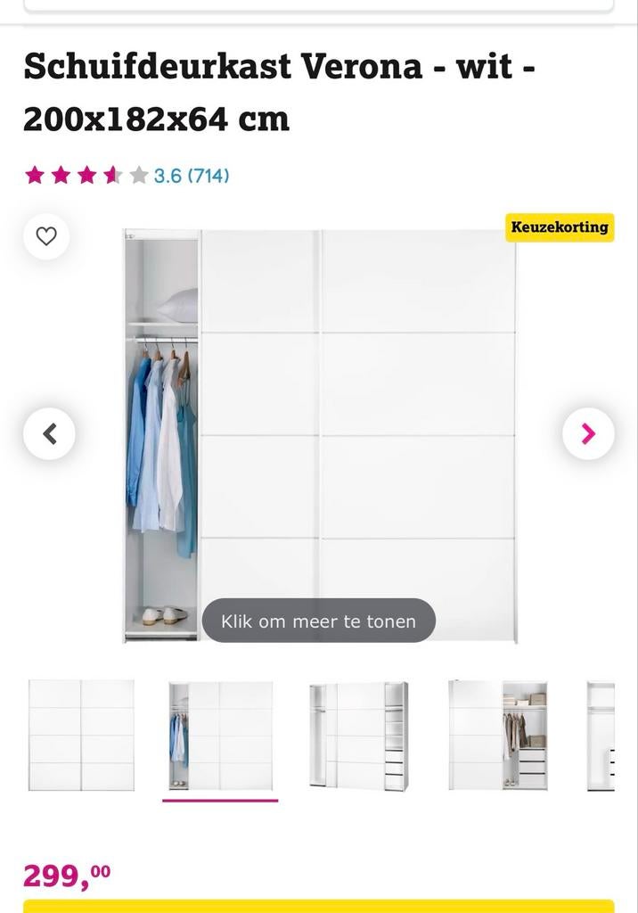 Leen Bakker Verona kledingkast - wit - 200x182x64 cm, Ophalen, 200 cm of meer, 150 tot 200 cm, Zo goed als nieuw