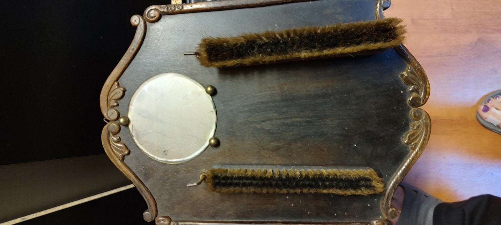Antieke schoenenborstel set  met spiegel enborstels, Ophalen of Verzenden