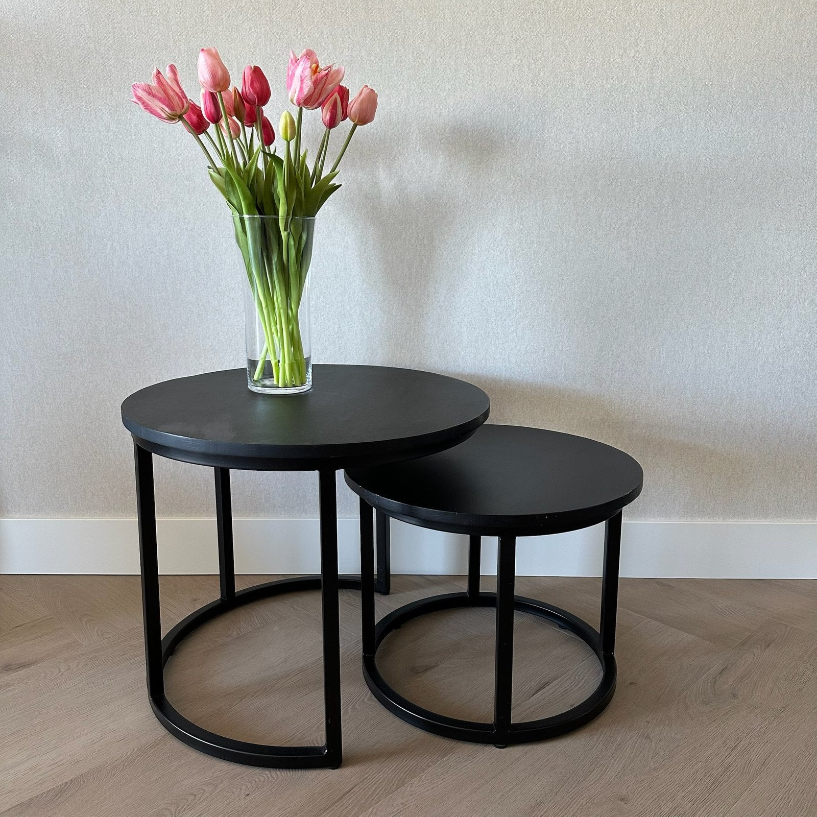 Zwarte ronde salontafel bijzettafel, tafeltjes, staal, hout, Ophalen, Zo goed als nieuw, Rond, 50 tot 100 cm