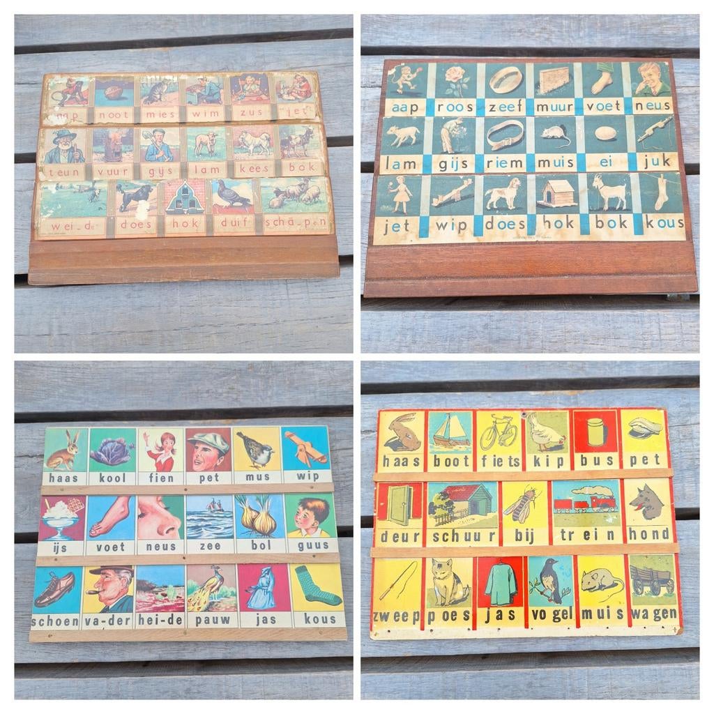 4x oude leesplankje's zie foto's, Antiek en Kunst, Antiek | Schoolplaten, Ophalen, Overige thema's