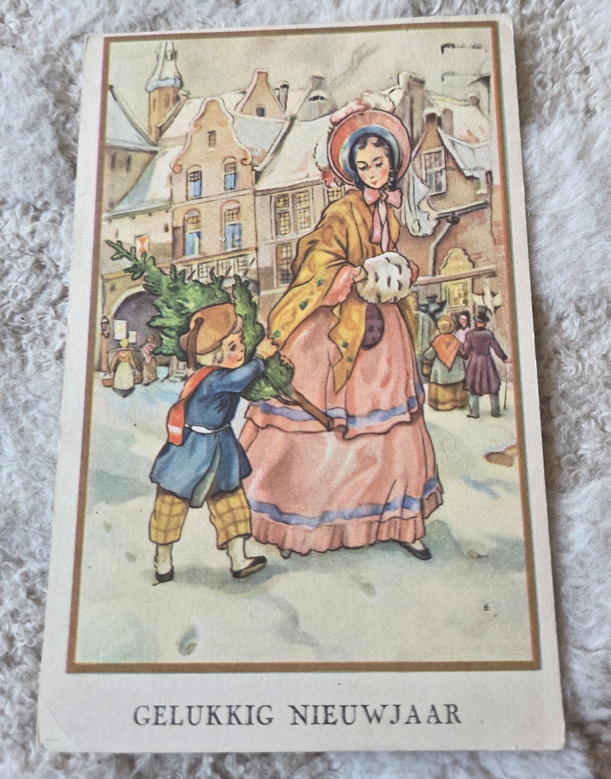 Gelukkig Nieuwjaar - Kind en vrouw in mooie jurk, Verzenden, Voor 1920, Gelopen, Feest(dag)