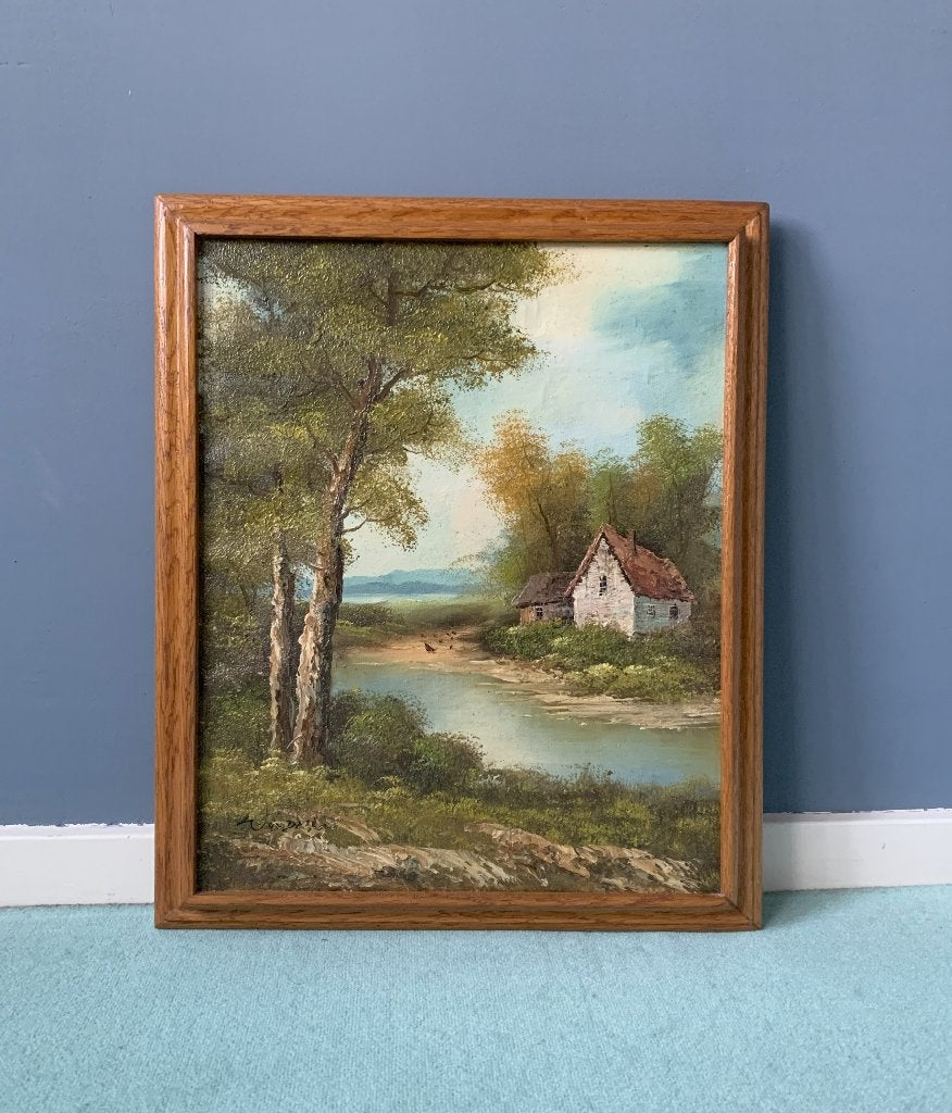 Romantisch Olieverfschilderij Eikenhout lijst 39,5x47cm, Antiek en Kunst, Doek, Ophalen of Verzenden, Landschap, Olieverf
