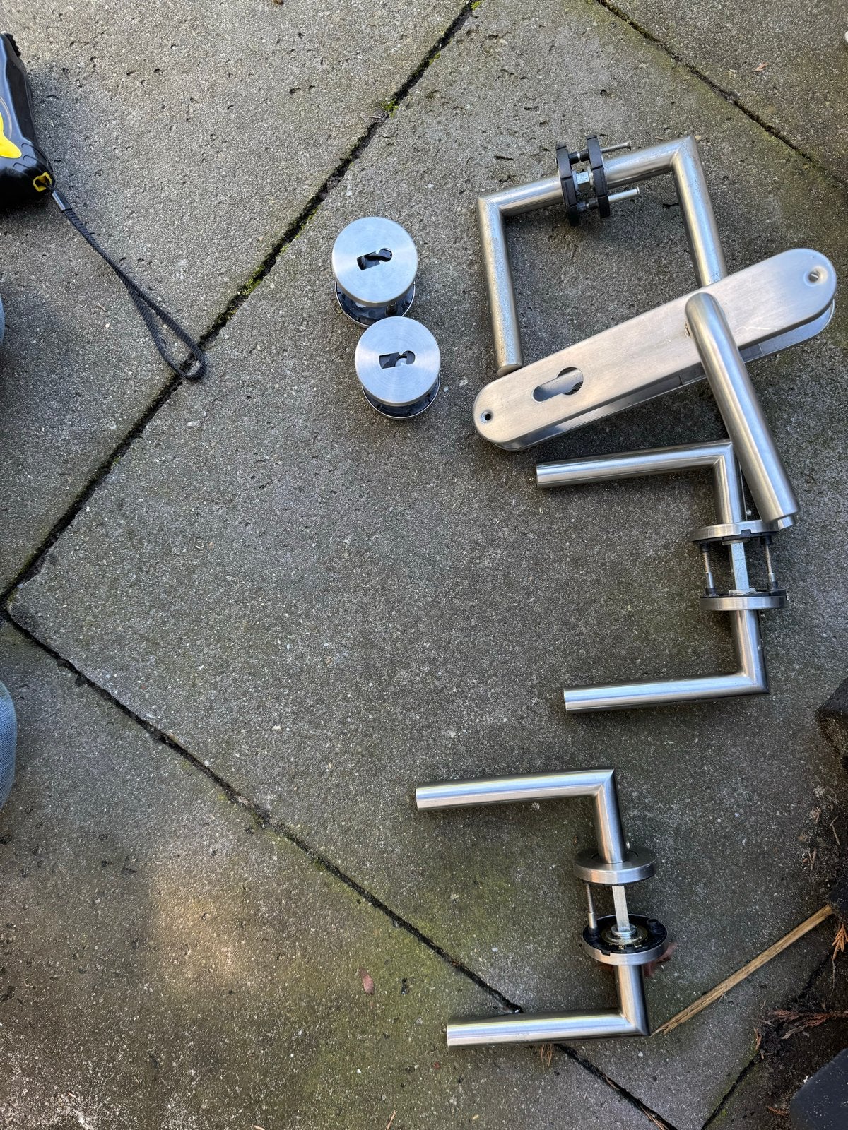 RVS Deurklinken Set met Rozetten en Sleutelplaten, Ophalen of Verzenden, Gebruikt, Rvs, Klink of Kruk