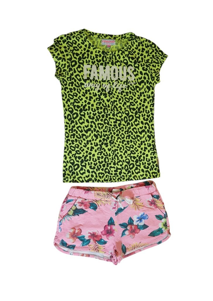 Gaaf neon geel VINGINO shirt Heurien panter maat 10/140., Kinderen en Baby's, Kinderkleding | Maat 140, Zo goed als nieuw, Vingino