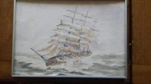 aquarel driemaster zeilschip gesigneerd., Ophalen