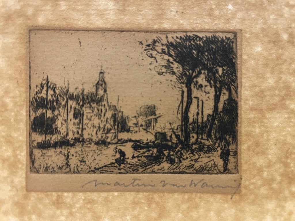Leidschendam - kleine ets van Martin van Waning, Ets, Stadsgezicht, 5 cm, Ophalen of Verzenden