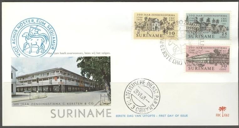 Suriname 1968 - FDC E62 - Zendingsfirma C. Kersten & Co. , Postzegels en Munten, Ophalen of Verzenden, Gestempeld