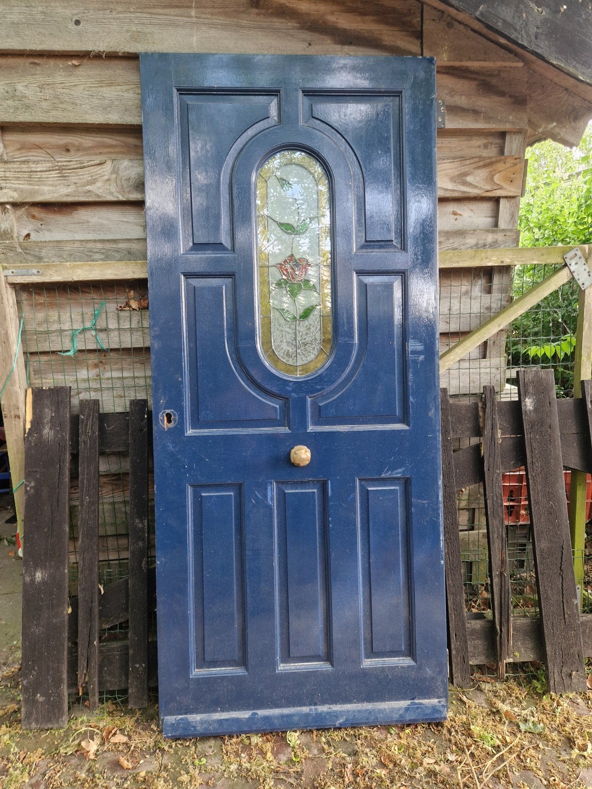 Hardhouten voordeur, Doe-het-zelf en Verbouw, Deuren en Horren, Ophalen, Gebruikt, 200 tot 215 cm, Glas