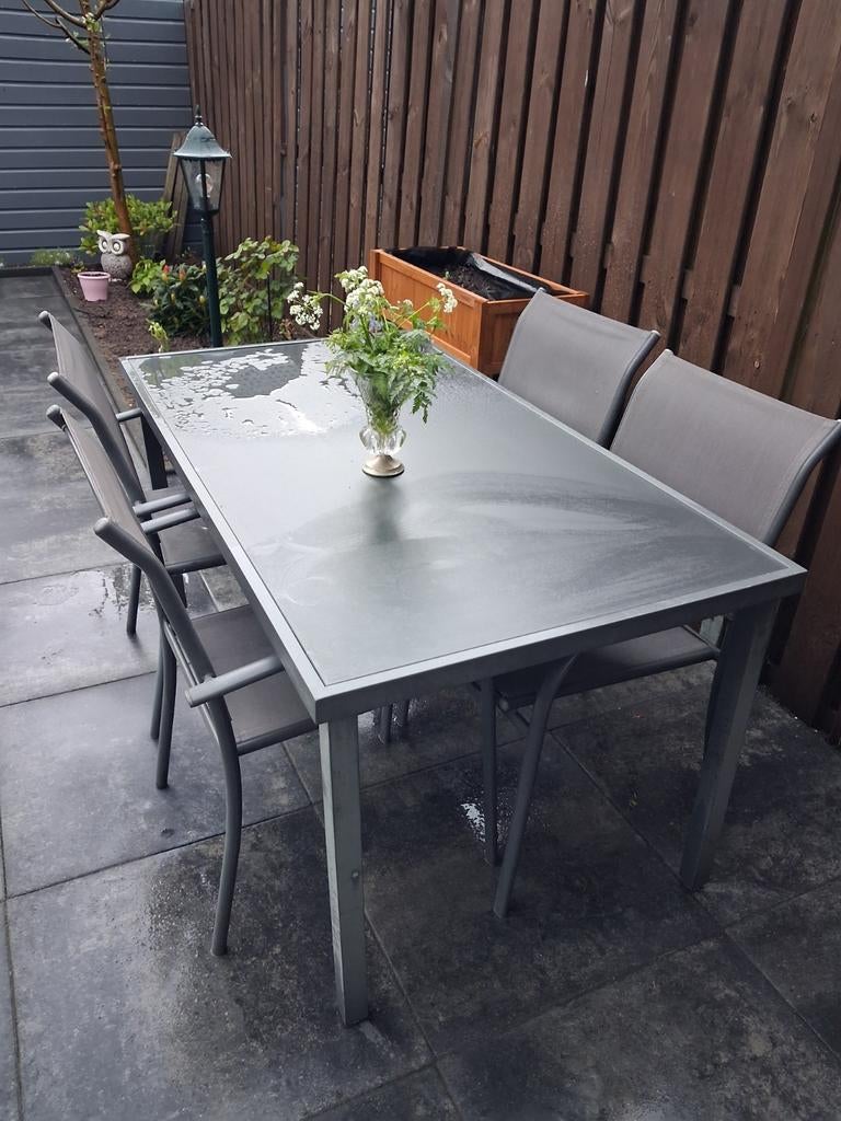 Nette tuinset met 4 stoelen en glazen tafel, Tuin en Terras, Tuinsets en Loungesets, Ophalen, Gebruikt, Tuinset, Eettafel