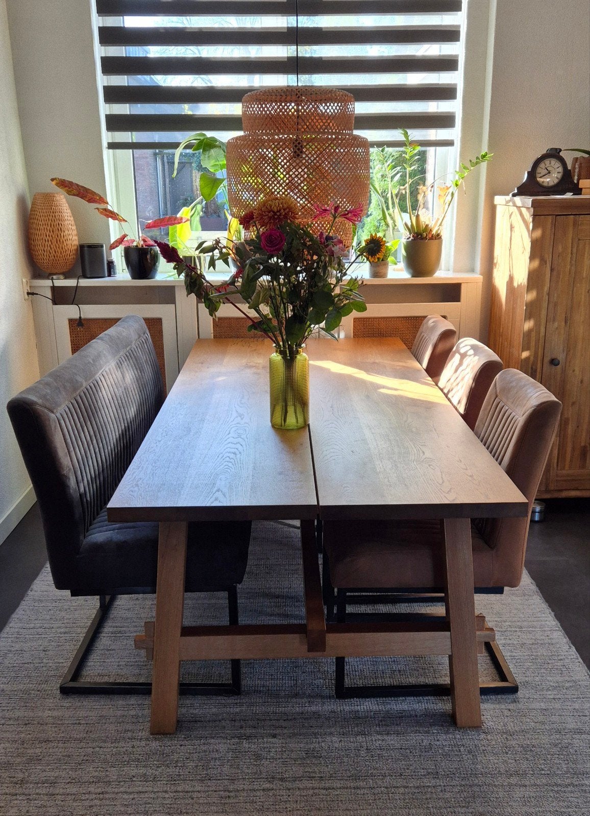 Eiken eettafel met bank en stoelen., Huis en Inrichting, Ophalen, Gebruikt, Bruin, Hout