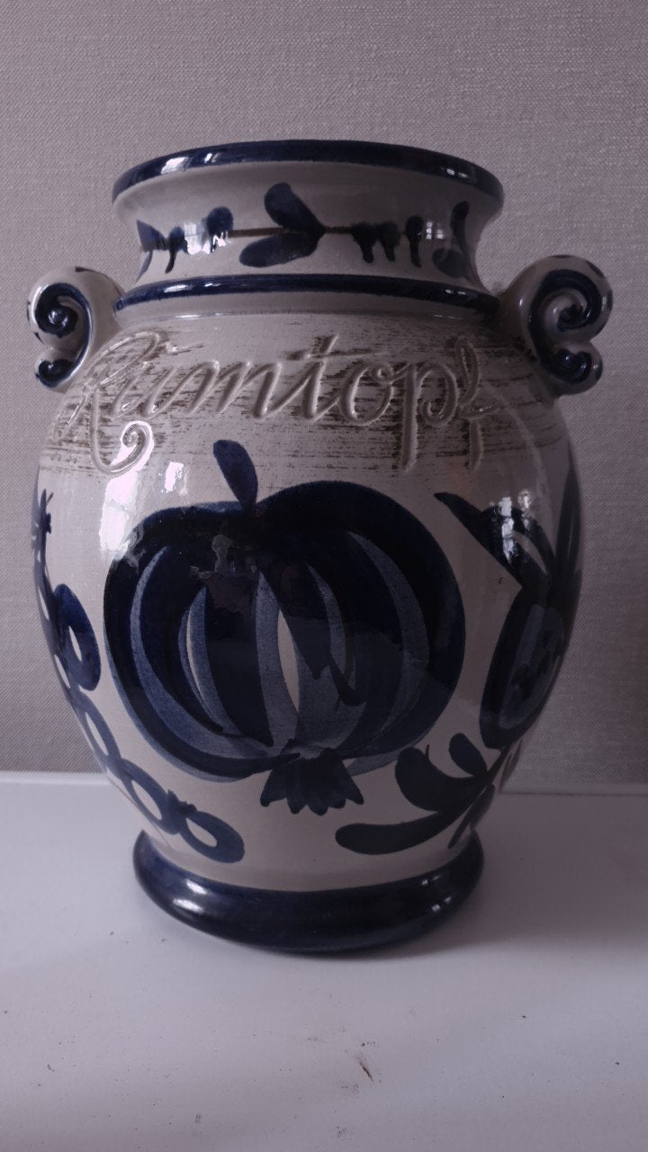 Vintage Rumtopf aardewerk pot vaas blauw/wit, Ophalen of Verzenden