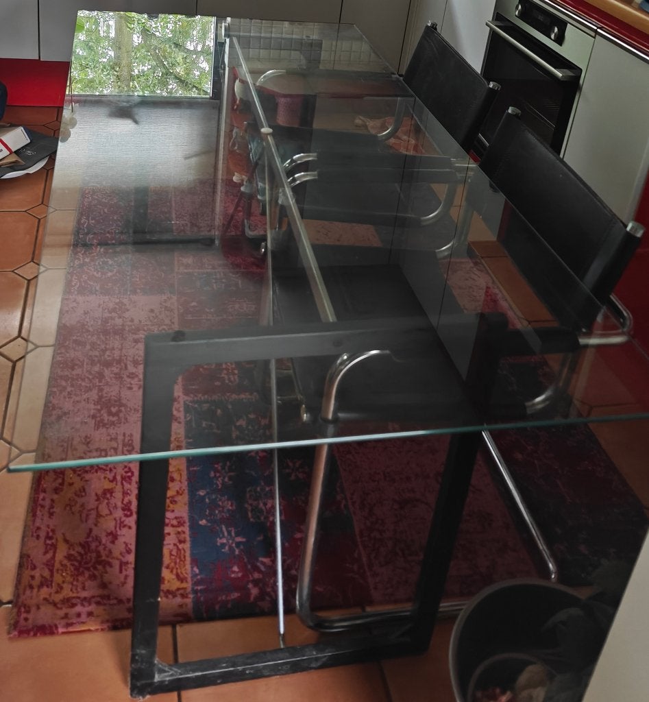 Vintage Bauhaus-stijl eettafel + 4 leren buisframe stoelen, Ophalen, Gebruikt, Bauhaus, Zwart